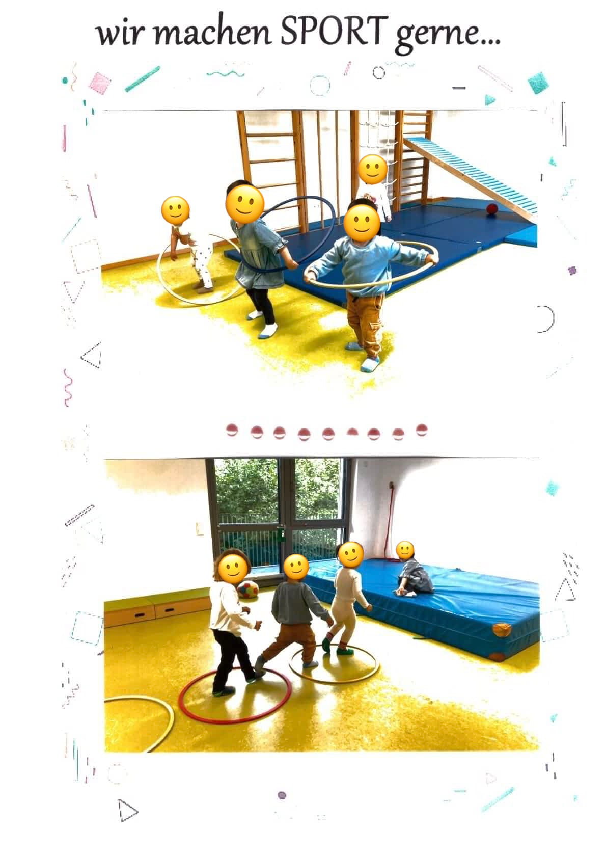 Kinder beim spielerischen Turnen und Entdecken der Motorik